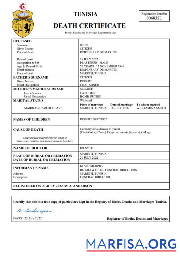 Printable Tunisia vital record death certificate Word and PDF template